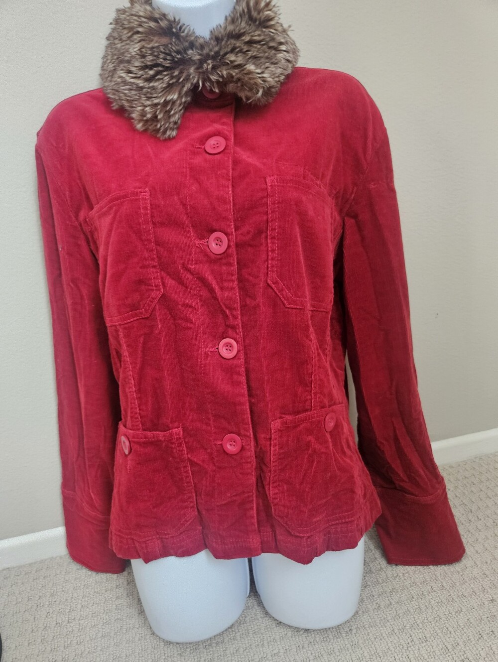 KIKIT Jeans Y2K Red Corduroy Jacket Faux Fur Collar M